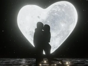 Silhouette Lovers Kissing Romanticly. Heart shap full moon and a star full of the sky as the background. The moon's reflection is reflected in the river.