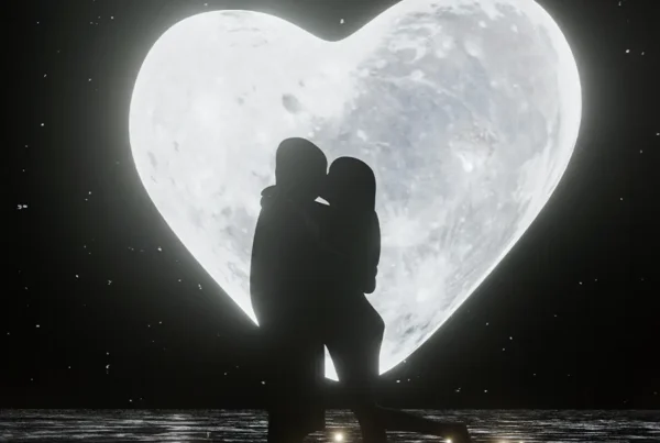 Silhouette Lovers Kissing Romanticly. Heart shap full moon and a star full of the sky as the background. The moon's reflection is reflected in the river.